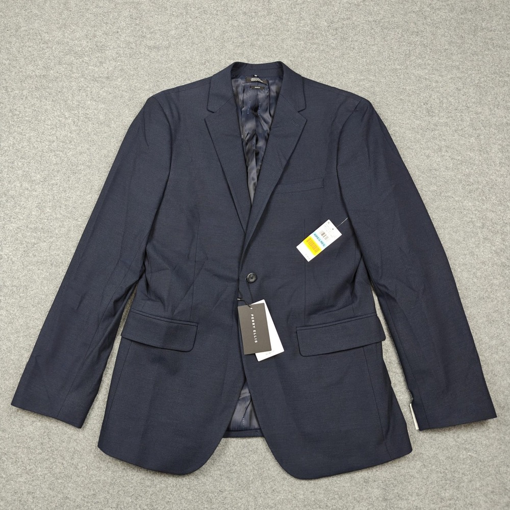 Perry Ellis Suit Jacket Mens 40R Blue Slim Fit Stretch Two Button Total Eclipse